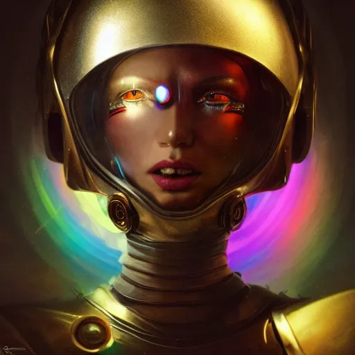 Image similar to tom bagshaw, rainbow lighting world curiosities carnival stars, photorealistic medium shot octane render of a single very beautiful thicc female helmet face full long cyberpunk metallic armored ornate, accurate features, focus, very intricate ultrafine details, award winning masterpiece