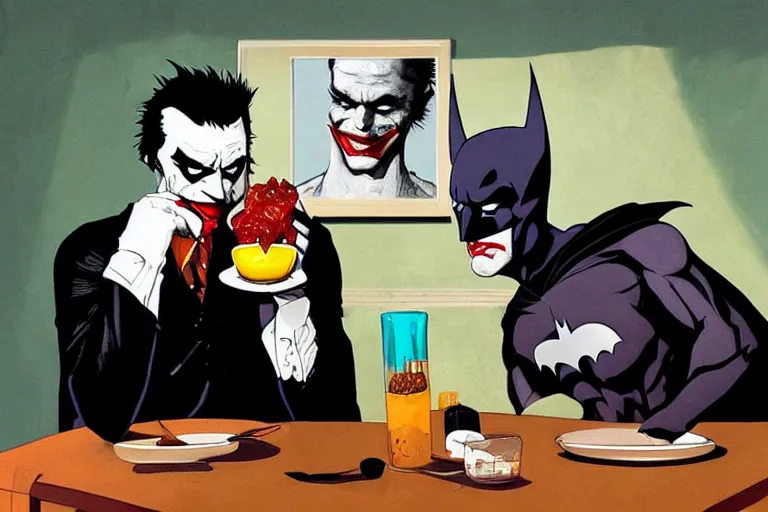 Prompt: portrait of Batman eating breakfast ，Next to the head of the joker is placed，By Emmanuel Lubezki