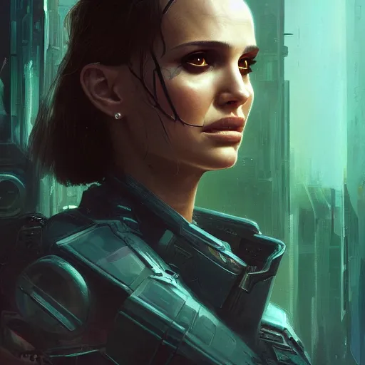 Image similar to closeup portrait of a young natalie portman as a cyberpunk mercenary, neuromancer, dramatic light, gorgeous view, depth, high detail, digital art, painted by greg rutkowski and seb mckinnon, by tim burton, trending on artstation