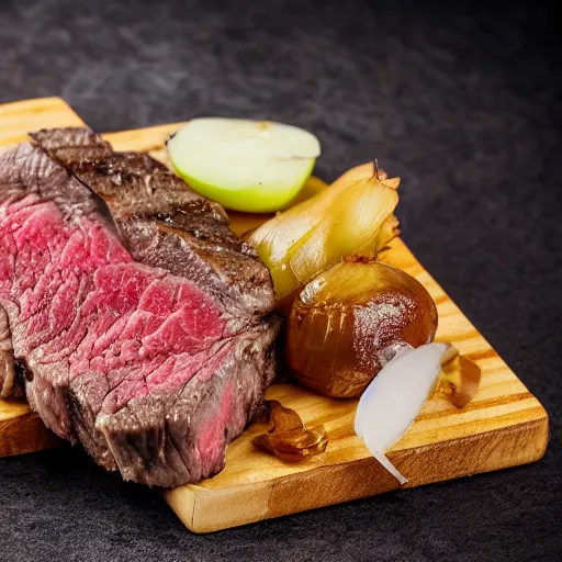 Image similar to juicy steak topped with salt on wooden board, fried onion on the side, 8 k resolution, professional food photography, studio lighting, sharp focus, center frame, hyper - detailed