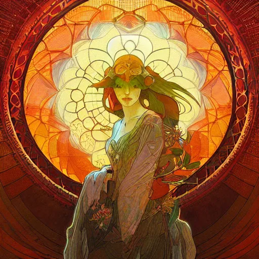 Image similar to the solarpunk phoenix, red bird, volumetric light, bokeh, painting by greg rutkowski by alphonse mucha