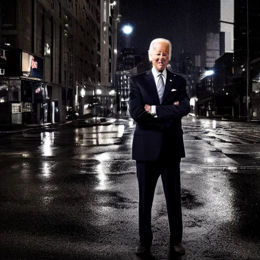 Prompt: joe biden standing in a city street in the middle of a stormy night, award winning long exposure photography