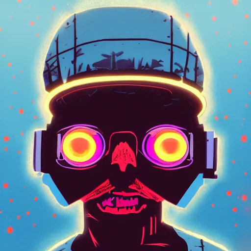 Image similar to in the style of ghostshrimp and deathburger and laurie greasley a young mixed race male explorer wearing a cyberpunk headpiece who is smiling whilst exploring a luminescent field at nighttime, low angle fish eye lens, highly detailed, 8k wallpaper