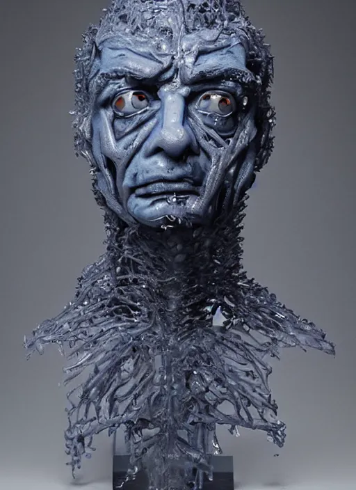 Prompt: a bust sculpture of anatomical detailed ice golem, rowan atkinson, blue blood, become human, ceramic base, orthographic, studio lighting