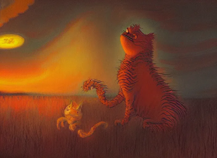 Prompt: surrealist impressionist painting of garfield at dusk, in the style of michael whelan and james gurney and wayne barlowe