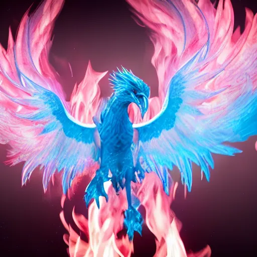 Image similar to pink and blue flaming phoenix, unreal engine 5, intricate, detailed, realistic