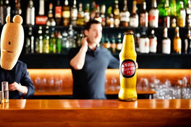 Image similar to a anthropomorphic bottle of beer, customer, stands in front of a bar waiting to be served by the bartender