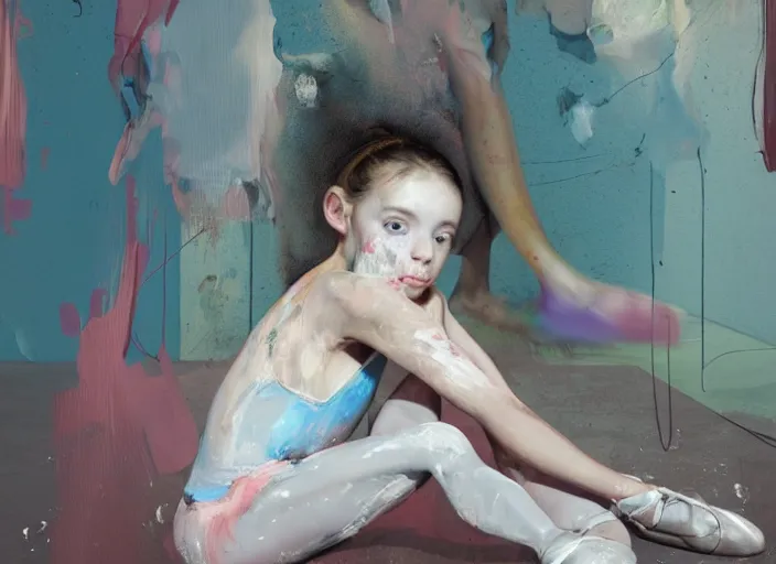 Image similar to portrait of nervous young girl ballerina sitting on the floor focusing in a dance hall by alberto seveso and hernan bas and francis bacon and pat steir and hilma af klint, psychological, photorealistic, symmetrical face, dripping paint, washy brush, matte painting, rendered in octane, altermodern, masterpiece