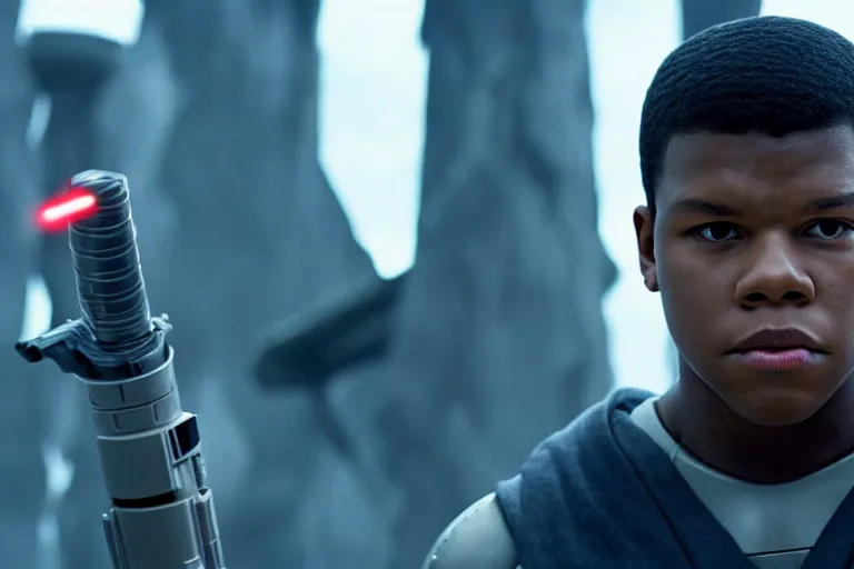 Image similar to Star Wars, Finn played by John Boyega does jedi training with a lightsaber ultra realistic, 4K, movie still, UHD, sharp, detailed, cinematic