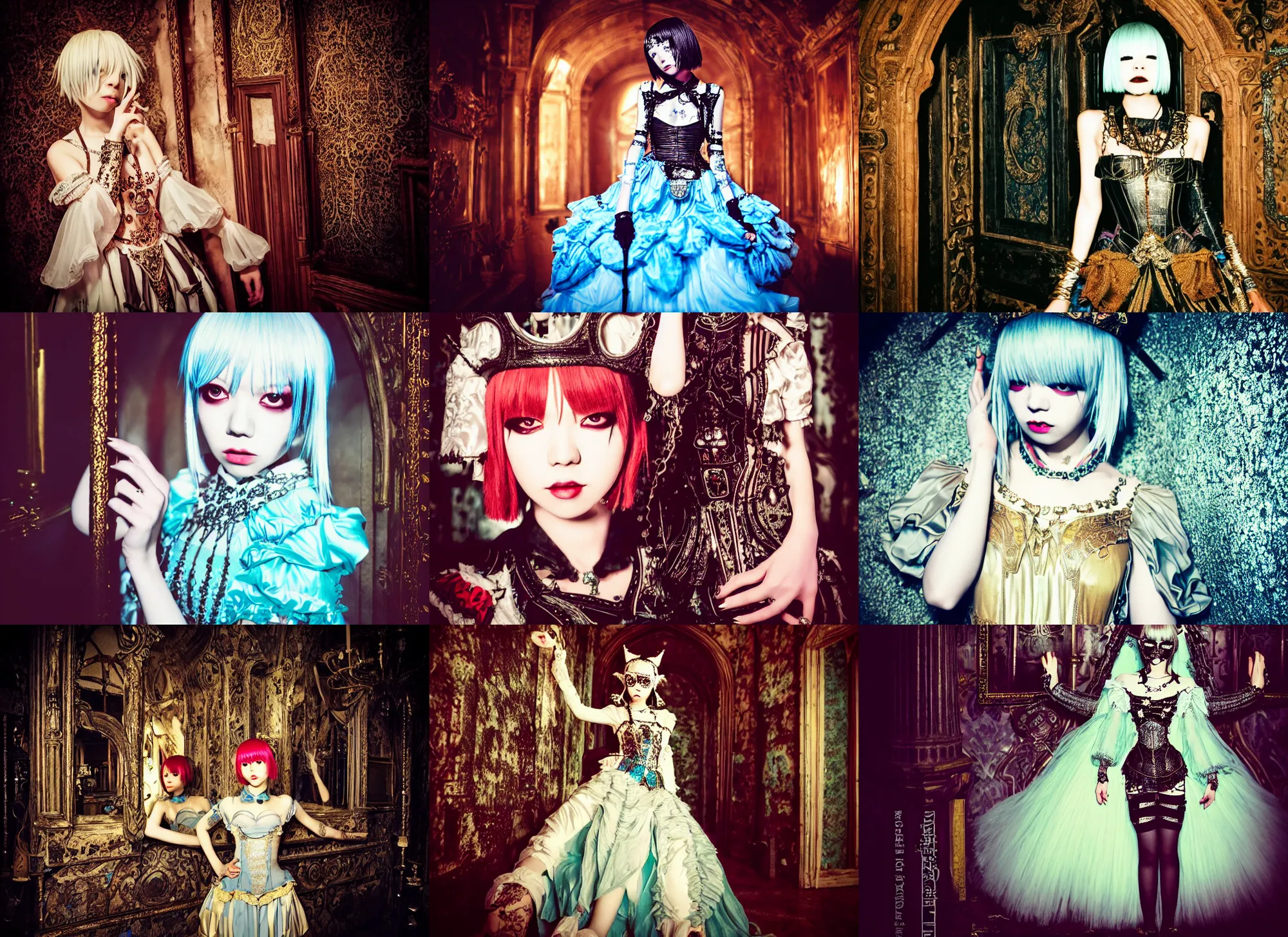 Prompt: lomography, full body portrait photo of reol in a castle interior at a crowded masquerade party with many people wearing an ornate dress, moody, realistic, dark, skin tinted a warm tone, light blue filter, hdr, rounded eyes, detailed facial features, very dark
