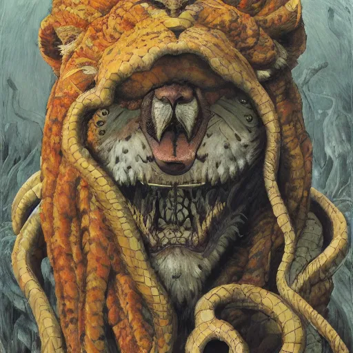 Image similar to demiurge snake snake camouflaged as a lion costume furry ears neck neck mane tall long viper national geographic tombow peter doig greg rutkowski lucian freud arsen savadov dan witz vik muniz