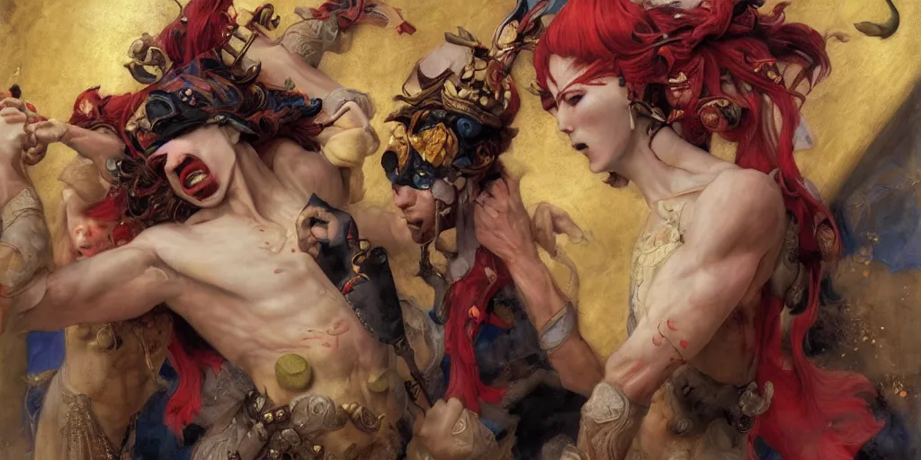 Image similar to epic masterpiece court of the crimson king, crying, jester in acrobatic pose, beautiful face and flawless skin, by Edgar Maxence and Ross Tran and Michael Whelan