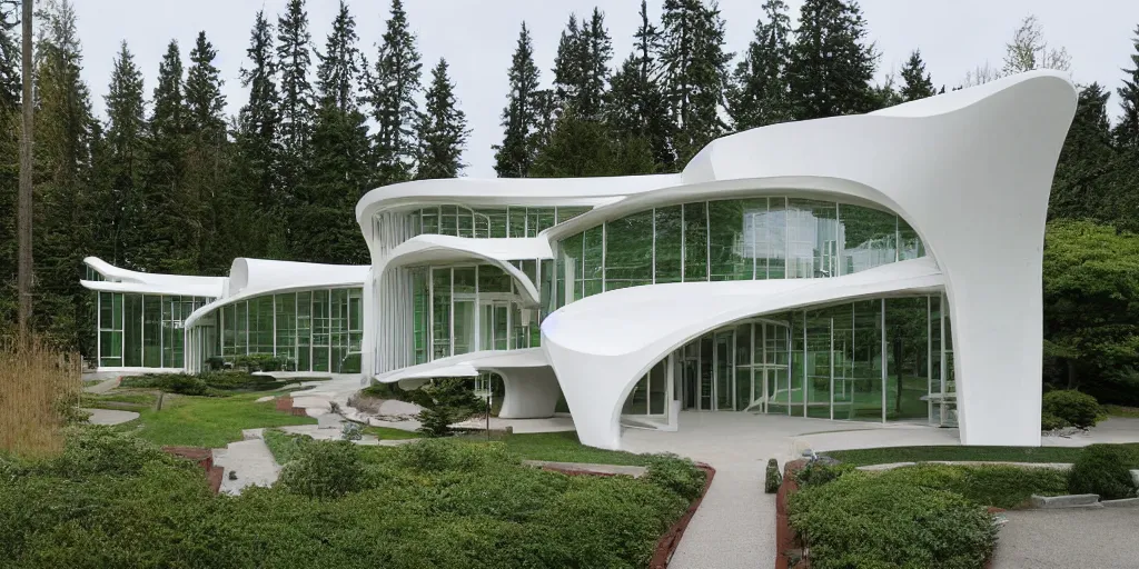 Image similar to residence in the style of seattle's pacific science center, high symmetrical crisscrossing white arches, designed by minoru yamasaki