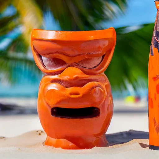 Image similar to a closeup photorealistic photograph of a glossy orange cat garfield style tiki mug sitting at a trader vic's beach bar featuring garfield's face. tiki theme. bright scene. fine detail. this 4 k hd image is trending on artstation, featured on behance, well - rendered, extra crisp, features intricate detail, epic composition and the style of unreal engine.