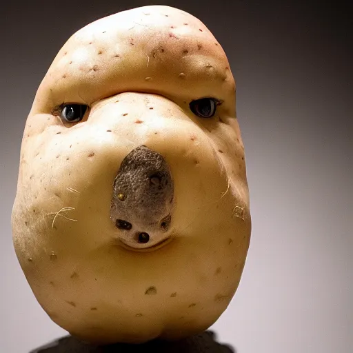 Image similar to a taxidermized potato with a human face, in a museum, 8 5 mm lens, 7 0 mm entrance pupil diameter