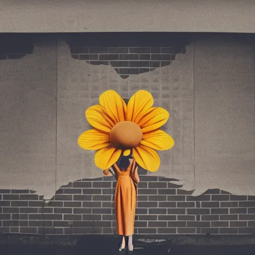 Image similar to giant flower head, frontal, woman standing in mid century building, surreal, symmetry, bright, tone in tone, cinematic, wes anderson