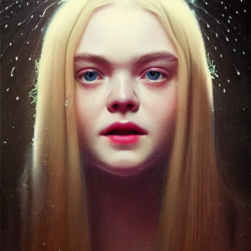 Prompt: portrait of a elle fanning underwater surrounded by bioluminescent jellyfish, detailed realism face in painting, detailed beautiful portrait, oil painting masterpiece, 8 k resolution, smooth, sharp focus, trending on artstation, by rembrandt