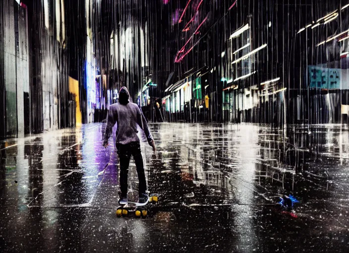 Image similar to a person with long, flowing hair skateboards through an empty brutalist city in the rain, colored gel lighting, reflective surfaces, midnight, portra, film grain, high contrast, chromatic aberration, reminiscent of blade runner, dynamic pose