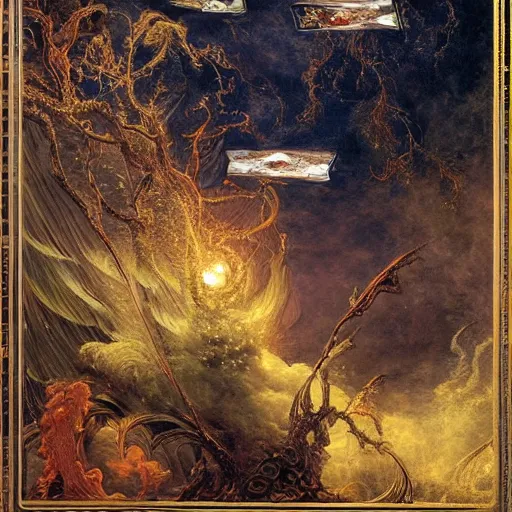 Image similar to a beautiful and highly detailed matte painting of magical tarot cards floating in the midst of magical explosions, intricate details, epic scale, insanely complex, 8 k, sharp focus, hyperrealism, very realistic, by caspar friedrich, albert bierstadt, james gurney, brian froud,