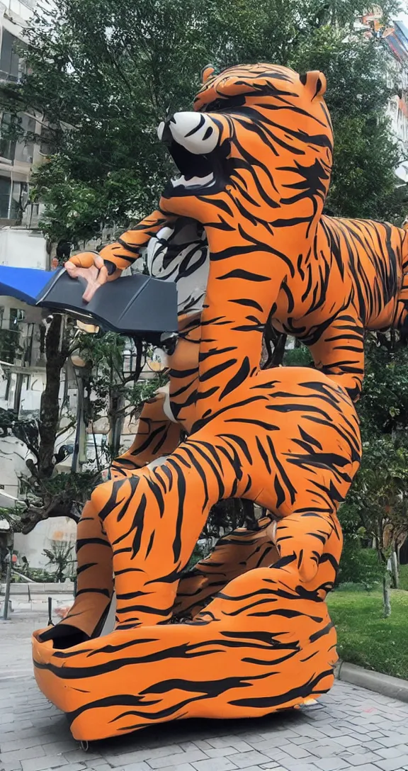 Image similar to a kiddie ride that looks like a tiger on the sidewalk