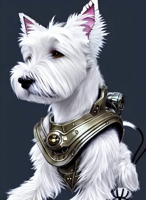 Image similar to a west highland white terrier sitting politely, facing the camera, anime art style, wearing futuristic, led - lit armor, and a cannon mounted on his back, portrait, high detail, sharp focus, digital painting, artstation, concept art, art by hayao miyazaki and artgerm and greg rutkowski and alphonse mucha.