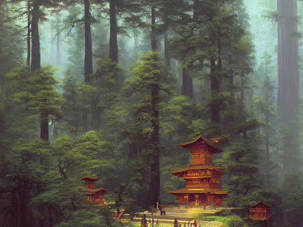 Prompt: a beautiful buddhist sanctuary in a redwood forest, art by albert bierstadt and greg rutkowski, hyperrealism, peaceful ☸ 🕉