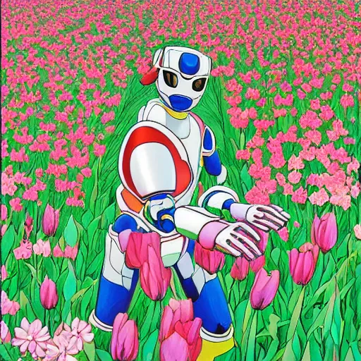 Image similar to a beautiful painting of a macular humanoid mecha power ranger in a field of flowers by hiroshi nagai and hirohiko araki, detailed line art