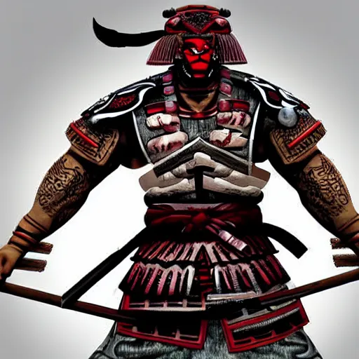 Image similar to big buff very strong very buff samurai wearing an oni mask, accurate detailed wellmade movie still