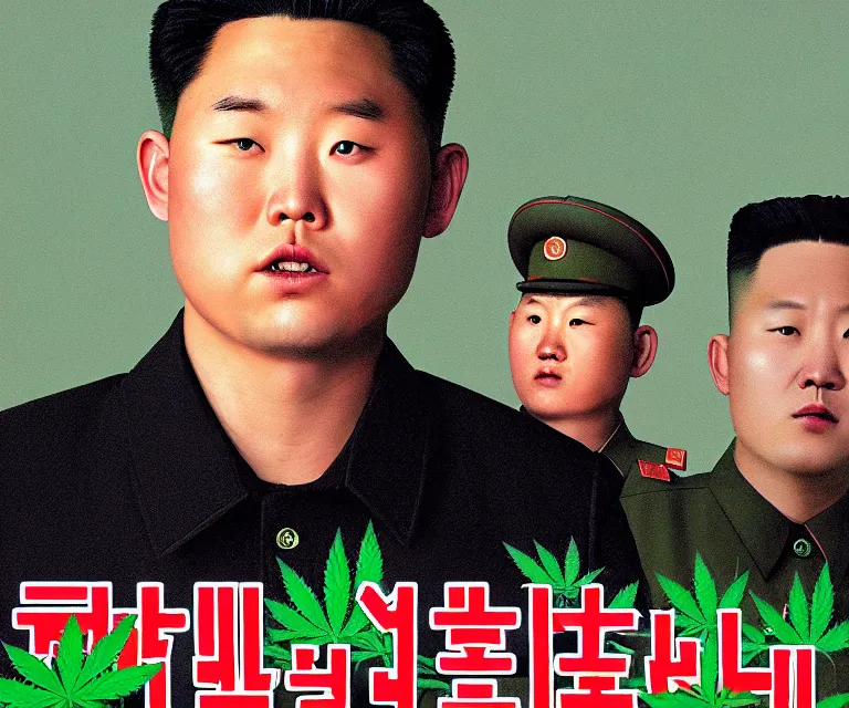 Image similar to hyperralism weed express ( 2 0 0 8 ) movie still photography of realistic detailed north korean kim chen with detailed face smoking reviewing detailed weed bush in detailed basement bedroom ultra violet light