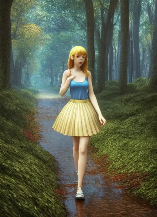 Prompt: young woman walking : : very short blue skirt : : magic raining forest nature : : weta disney pixar movie still photo : : decadent highly - detailed digital painting, full length shot, golden ratio, octane render, artstation, smooth, sharp focus, artgerm, mucha, loish, wlop, gogo