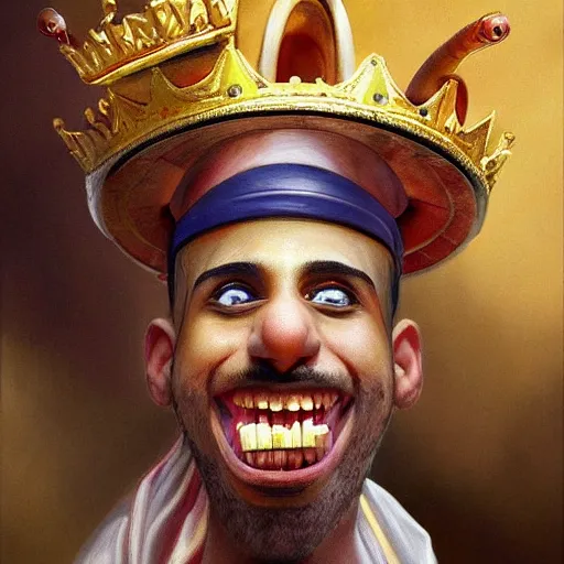 Prompt: realistic portrait beautiful painting depicts Ratatouille as King Pharaoh crowned with cheese in Ancient Egypt. created by Michaelangelo, trending on Artstation,high detailed, digital art.