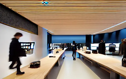 Image similar to A flagship Samsung store. black walls. timber floor. high ceilings with spots. wood furniture with large digital screen. display tables with phones and tablets, pots with plants, digital screens on the walls, Architectural photography. 14mm. High Res 8K. award winning architectural design, inspired by Arne Jacobsen, Niels Otto Møller, Verner Panton, Scandinavian Design, warm and happy, inviting