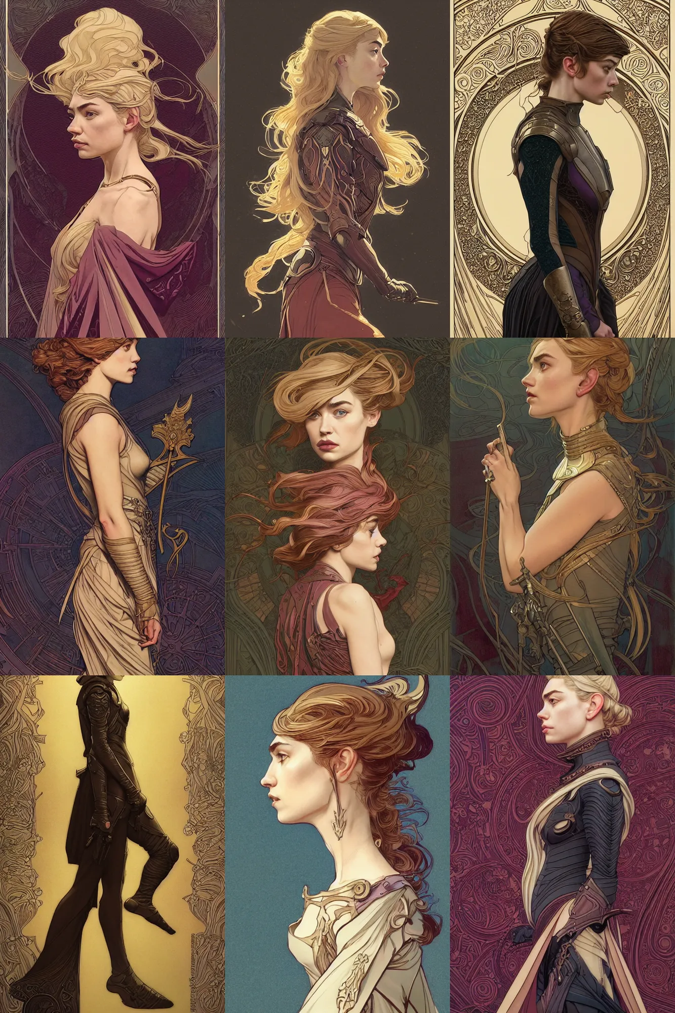 Prompt: side profile portrait, imogen poots paladin, by eve ventrue, michael carson, andreas rochas, john watkiss, casey weldon, artgerm. art nouveau. tarot card by mucha. gloomhaven. swirly intricate linework background. gaudy colors, sharp edges. ultra clear detailed. 8 k. elegant