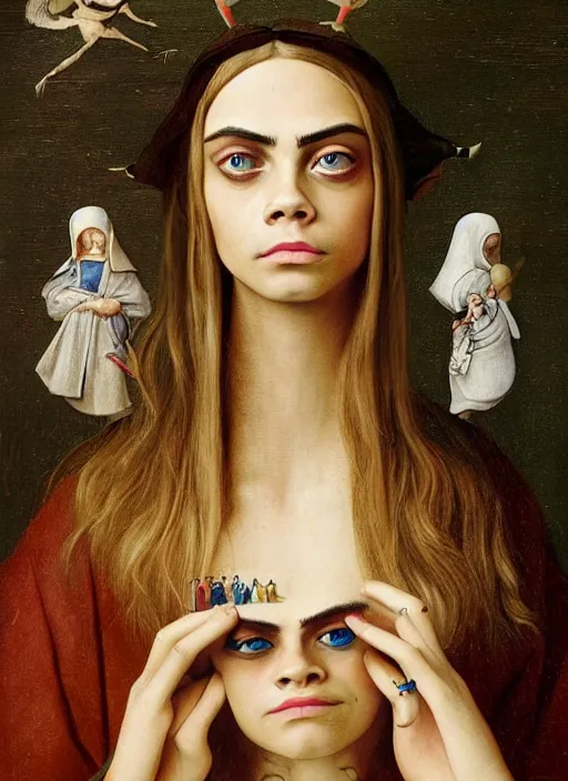 Image similar to cara delevingne as an Hieronymus Bosch painting, detailed digital art, trending on Artstation