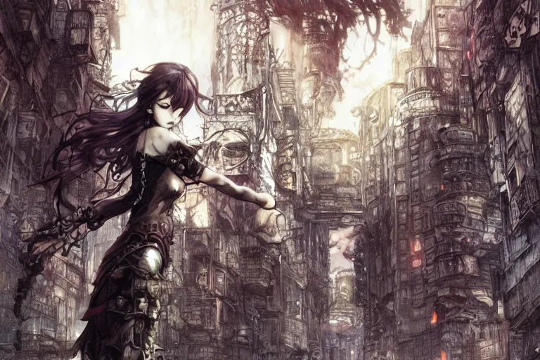 Image similar to goth woman in front of city, color page, tankoban, 4 k, tone mapping, akihiko yoshida, james jean andrei riabovitchev marc simonetti, yoshitaka amano, long hair, curly, h. hydrochaeri