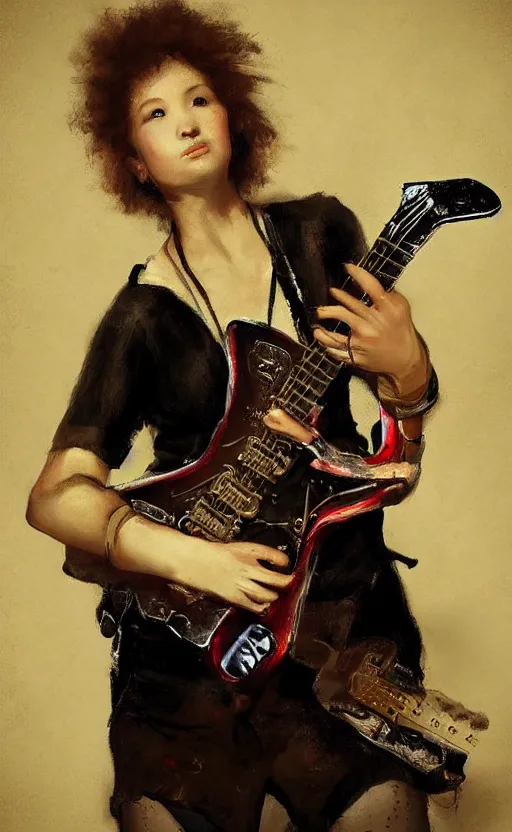 Prompt: rockstar caucasian girl playing electric guitar on stage. by amano yoshitaka, by rembrandt, digital art, digital painting, artstation trending, unreal engine