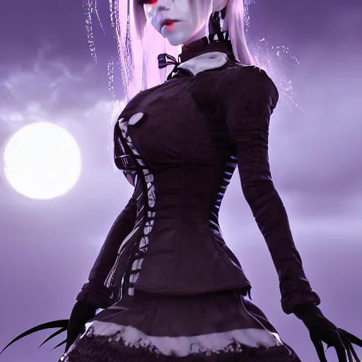 Image similar to full shot portrait of angry darkness Clara Morgane as a cute anime girl at moonlight, gothic wearing, inspired by Tim Burton, Norihiro Yagi, Marc Simonetti, Amano, detailed, unreal engine 4k volumetric light, fog,