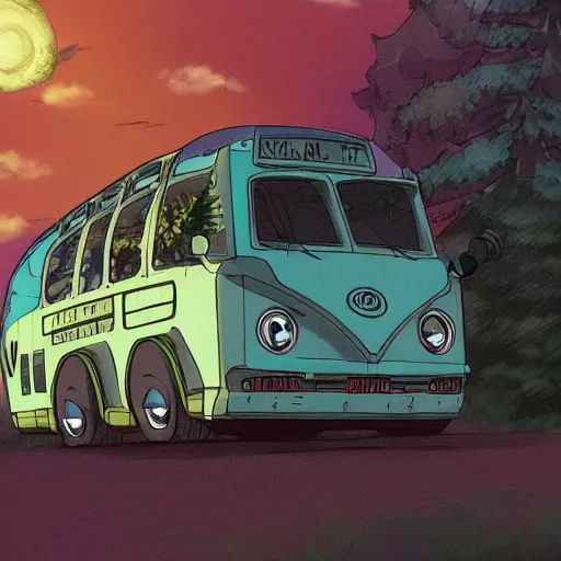 Image similar to A half wold and a half bus, called Wolfbus in anime style. 8k Resolution illustration. Trending on ArtStation and DeviantArt. Ghibli studio cartoons style image.