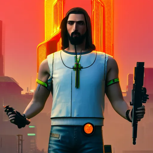 Image similar to Jesus in Cyberpunk 2077 with a pistol, Orthodox icon , concept art, unreal engine, 4k render, global illumination, blender, cycles, featured on artstation, pixiv