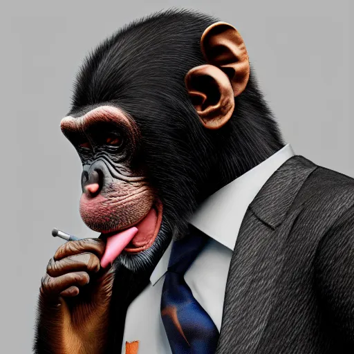 Image similar to a high detail closeup shot of a chimp wearing a suit 👔,and smoking a cigarrette🚬, cgcosiety, artstation, unreal engine, realism