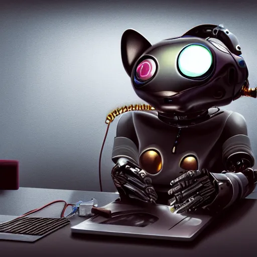 Image similar to a metallic robotic cyborg cat eating a computer mouse, cyberpunk, digital art, 8 k, trending on artstation