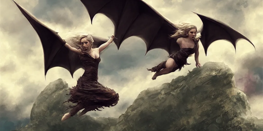 Image similar to Emilia Clarke jumping over a pit with dragons behind her in the air, artwork by charlie bowater