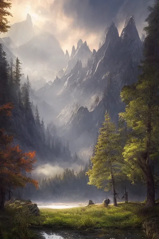 Prompt: beautiful matte painting by arthur gurin concept art fantasy path mountains and meadow in the background near a lake reflecting the trees, atmospheric lighting, painted, intricate, volumetric lighting, beautiful, rich deep colors masterpiece, sharp focus, ultra detailed by