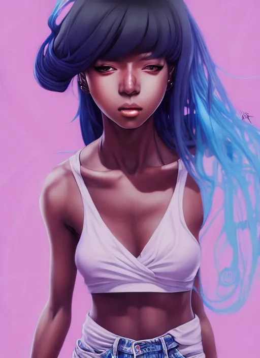 Prompt: beautiful hip hop young black woman, model pose, confident, anime style, scenery wallpaper aesthetic, pastel colors, symmetrical face, cinematic, dramatic, super detailed and intricate, hyper realistic, 4 k render, by artgerm, by kyoung hwan kim, by ralph mcquarrie, by yoshiyuki tomino