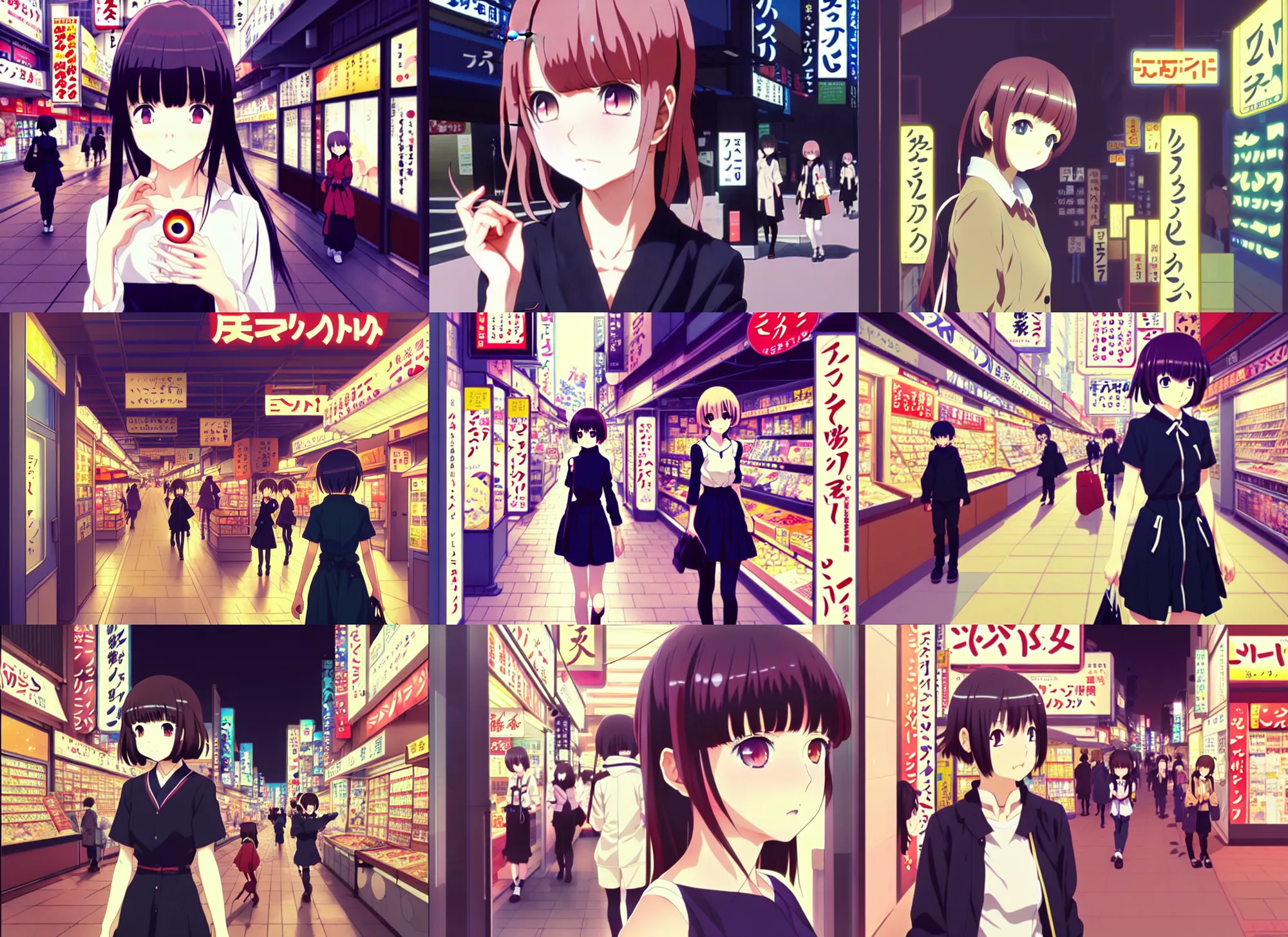 Prompt: anime visual, low light portrait of a curious young woman shopping in akihabara, cute face by ilya kuvshinov, yoh yoshinari, dynamic pose, dynamic perspective, contrast, cel shaded, flat shading mucha, rounded eyes, kyoani, natsume yuujinchou, smooth facial features, gits anime