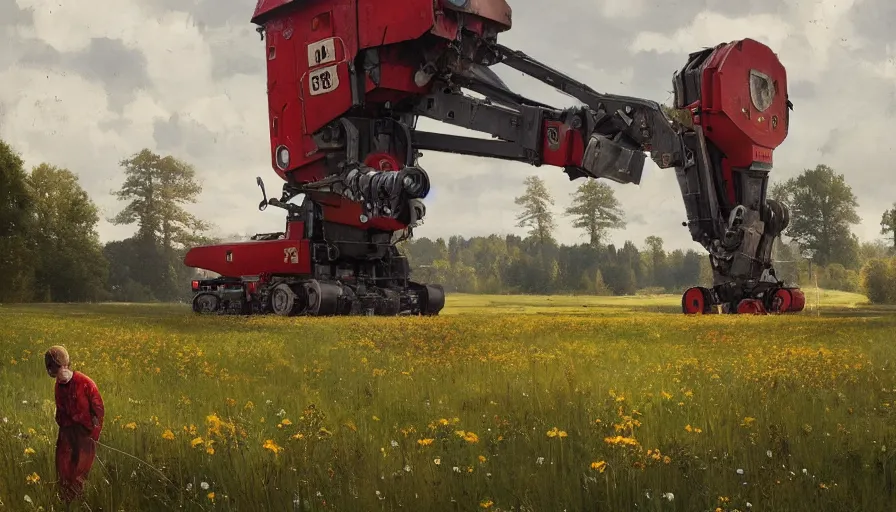 Image similar to a beautiful swedish farm with giant robots, art by jakub rozalski and simon stalenhag, realistic, hyperrealism 8 k resolution