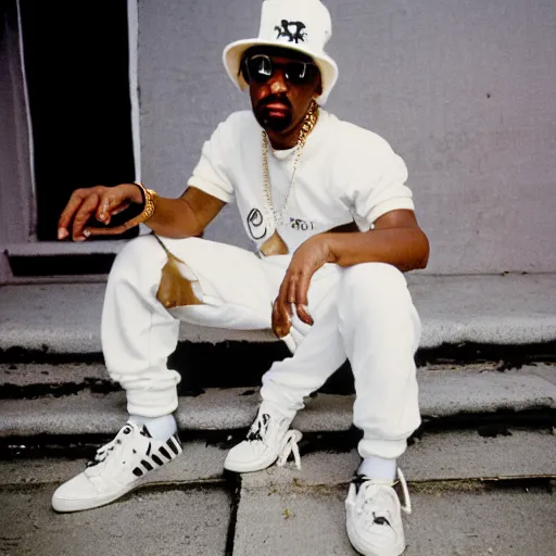 Image similar to 1985 the Bronx in New York. A photographic portrait of a tough rapper wearing a white jogging and white Adidas sneakers and a lot of gold necklace and a white sun hat and holding a gun and a getthoblaster. Gang vibes. Kodachrome. High quality press photography. A bit out of focus. 120mm. Washed out colors. Picture taken in the street of the Bronx. Summer day