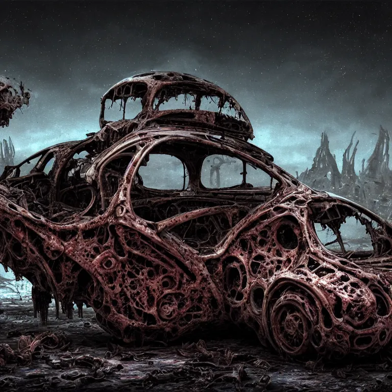 Image similar to ribbed abandoned biomechanical organic crashed car wreck on exoplanet at night, in a desolate empty wasteland, covered with organic flesh, meat, creepy, nightmare, dream-like heavy atmosphere, surreal abandoned buildings, baroque painting, beautiful detailed intricate insanely detailed octane render trending on Artstation, 8K artistic photography, photorealistic, chiaroscuro, cinematic volumetric light, Raphael, Caravaggio, Beksinski, Giger