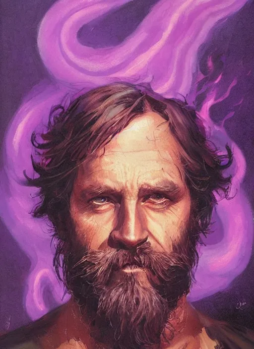 Image similar to portrait of grizzled sailor on sea of purple flame, coherent! by brom, deep color, strong line, high contrast