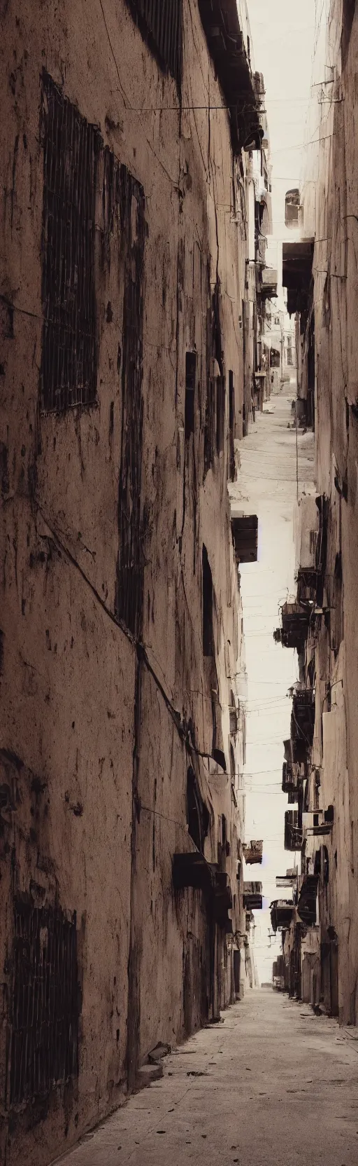 Prompt: wide, empty middle eastern laneway, suitable for hiphop music video background, dusk skies, shot by christopher doyle, beautiful decay, soft light